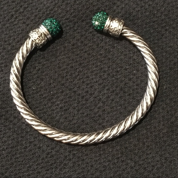 Green crystal/silver tone rope style split bangle - Picture 2 of 8